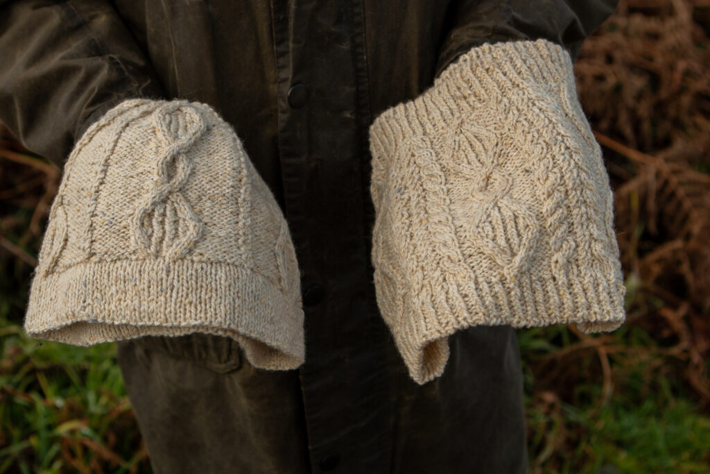 Close up of the Fionbarra hat and cowl from the celtic knits club 2026 by carol feller