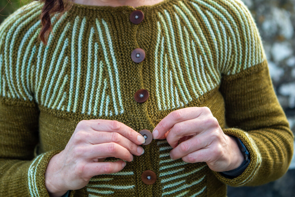 close up of the button band and yoke of the row by row cardigan by carol feller